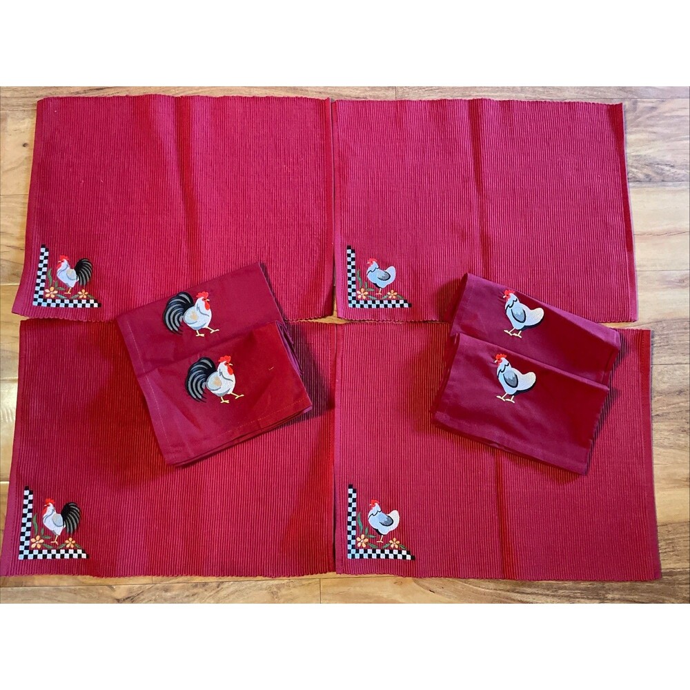Farmhouse Rooster Placemats & Cloth Napkins Red Country Rustic Kitchen Dining